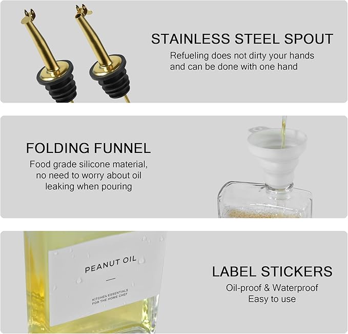 sweet grain Olive Oil Dispenser Bottle for Kitchen(4 Pack) - 17oz/500ml Oil And Vinegar Dispenser with 36 Labels and Silicone Funnel, Glass Soy Sauce Dispenser - Gold