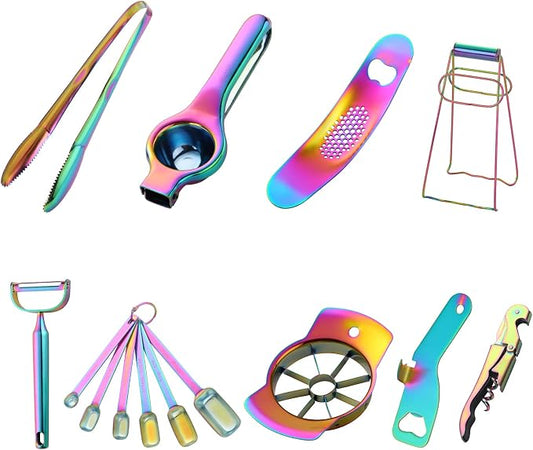 Rainbow Garlic Press Bottler Wine Opener Measuring Spoons Lemon Squeezer Vegetable Peeler Apple Cutter Kitchen Tongs Hot Plate Gripper Ice Tongs Kitchen Accessories Tools Set, Dish Washer Safe