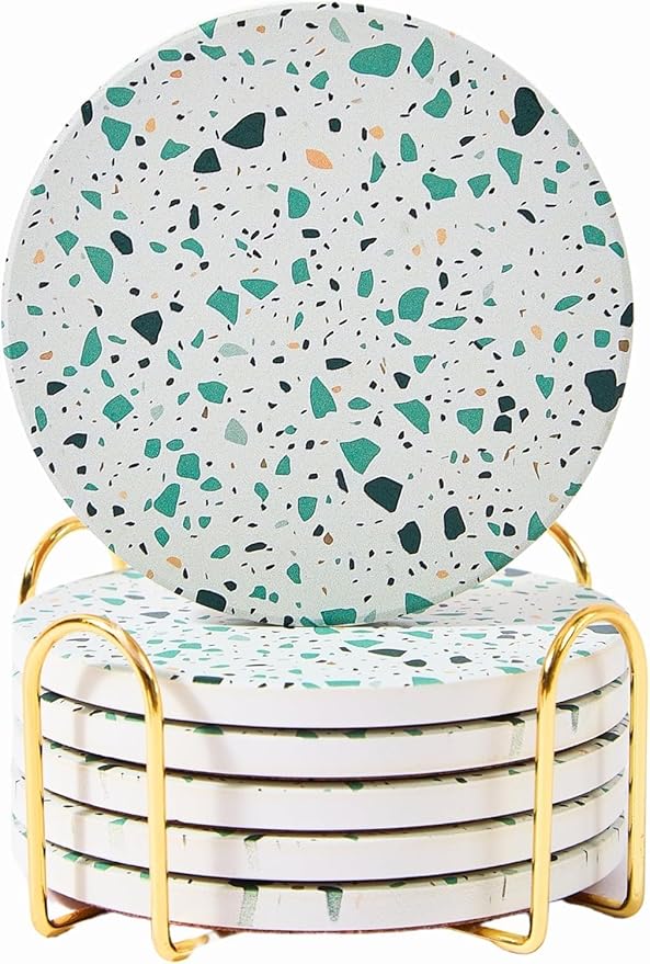 Terrazzo Coasters Set of 6, Ceramic Absorbent Drink Coasters, Cute Mid Century Boho Coaster, Coffee Table Desk Decor, Colorful Stone Coaster for Drinks