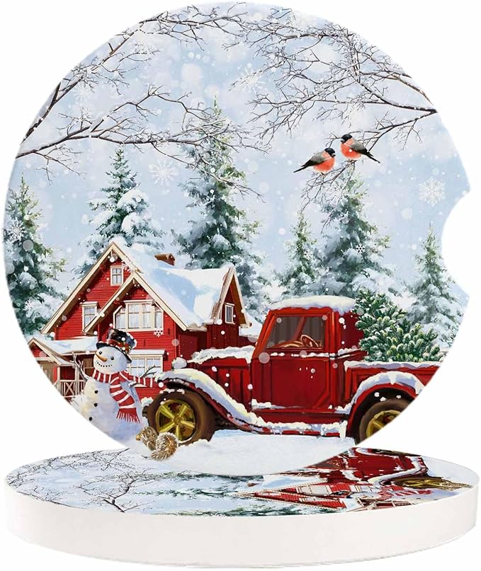Car Coasters for Cup Holders 2.6"Dia Absorbent Coasters Set of 6 Car Interior Accessories for Women Men Ceramic Car Coaster for Drinks with Finger Grooves,Christmas Winter Snowflakes Snowman Truck Red