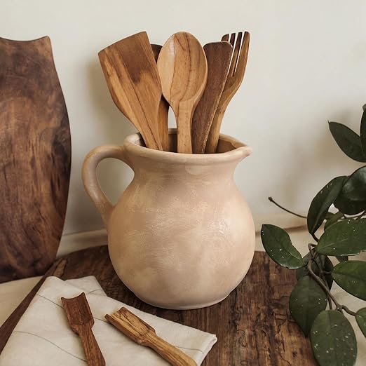 Potchen Rustic Kitchen Utensil Holder with Handle,7.48" H Ceramic Vintage Utensil Crock for Countertop, Farmhouse Kitchen Decoration Ceramic Pot for Spatulas Spoons Tongs(Classic,Antique Beige)