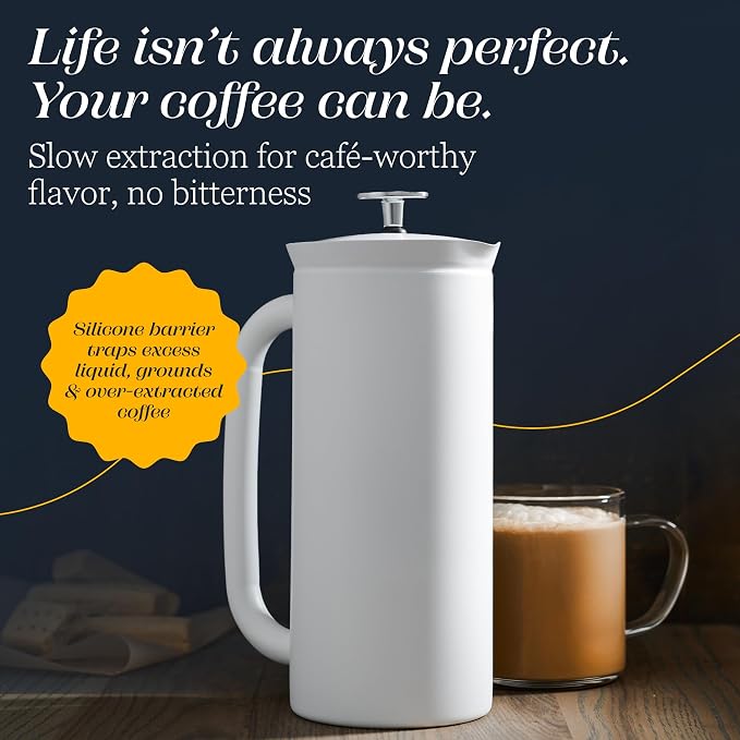 ESPRO Pro P7 French Press Stainless Steel 304 – Patented Double Walled Micro-Filter Insulated French Press Coffee Maker, Grit-Free Brew - Heat Resistant BPA Free - Matte White - 18oz