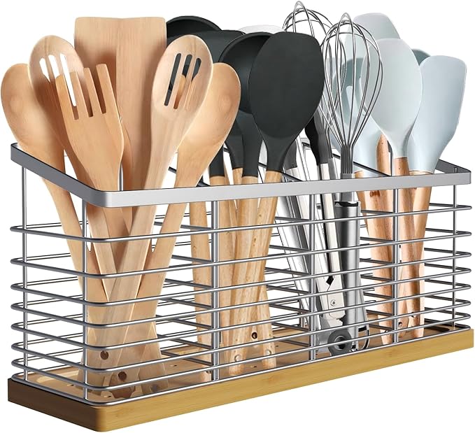 Suli Extra Large Kitchen Utensil Holder with 4 Compartments，Metal holder with Wooden Base for Kitchen Countertop，Farmhouse Cooking Utensil Storage, Rustic Cooking Utensil,Silvery