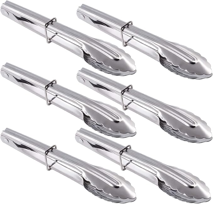 HINMAY Mini Stainless Steel Food Tongs with Silding Rings 7-Inch - Set of 6 - Small Clam Shell Service Tongs for Serving Appetizers, Desserts, Salads, Barbecue and Cooking (Silver)
