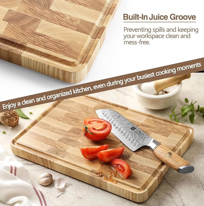 XINZUO Ash Wood Cutting Board, End Grain Butcher Block for Kitchen, 13.8" x 9.8" x 1", Thick Wooden Chopping Board with Juice Groove, Non-Slip Feet & Side Handles