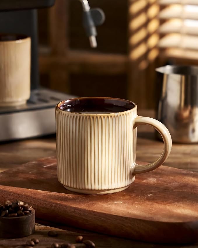famiware Coffee Mug Set for 4, Star 12 oz Catering Mugs Cup Set with Handle for Coffee, Tea, Cocoa, Milk - Ceramic Stoneware Drinkware Set, Cream Cocoa