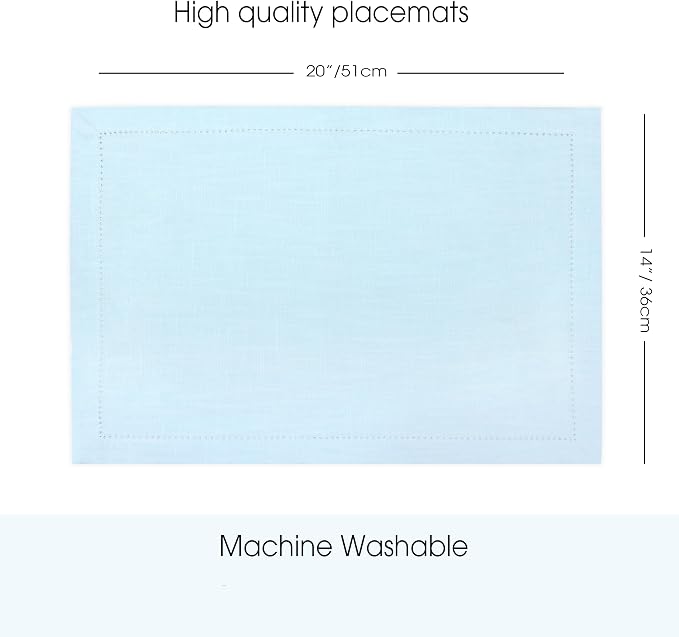 Urban Villa Placemats for Dining Table 100% Cotton Placemats 14''x20'' Over Sized Tablemats Set of 6 Placemats Hemstitch Sky Blue Tablemats for Family Dinners Wedding Parties Placemats