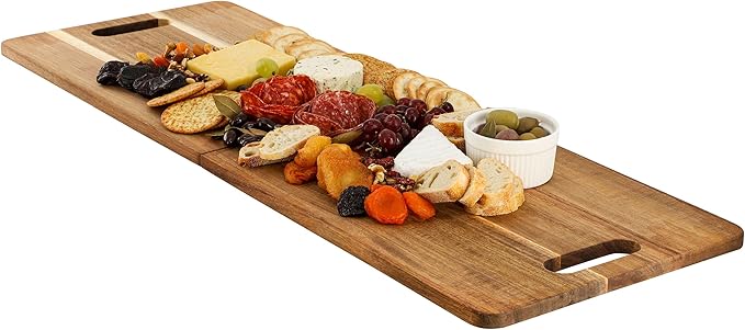Elama Long Acacia Wood Foldable Charcuterie Board – Rectangular Serving Platter with Handles for Cheese, Meats, Appetizers & Snacks (33 Inch)