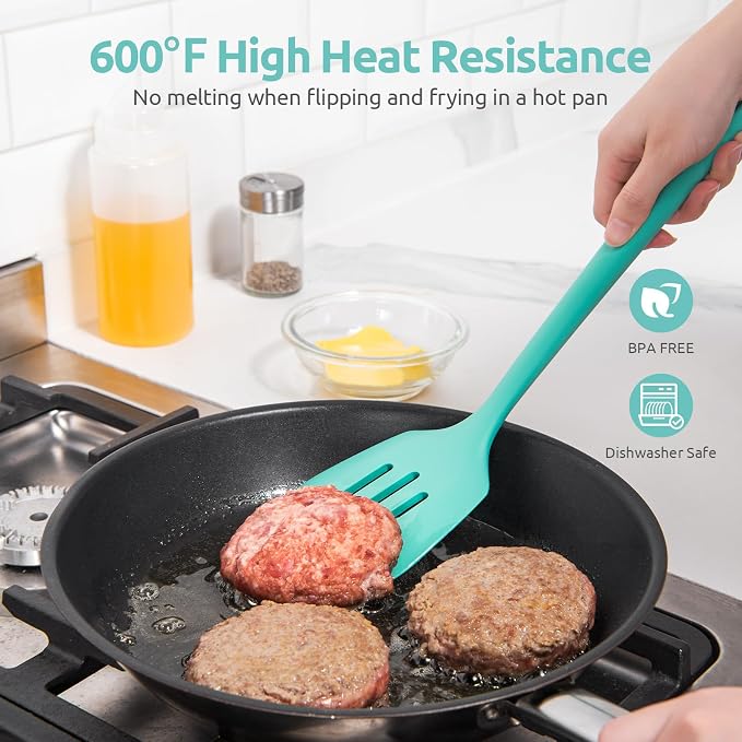 U-Taste 18/8 Stainless Steel Measuring Cups and Spoons Set (Set of 12,Multicolor), and 600℉ Heat Proof Long & Wide Silicone Solid & Slotted Turner for Egg, Pancake (Set of 2, Aqua Sky)