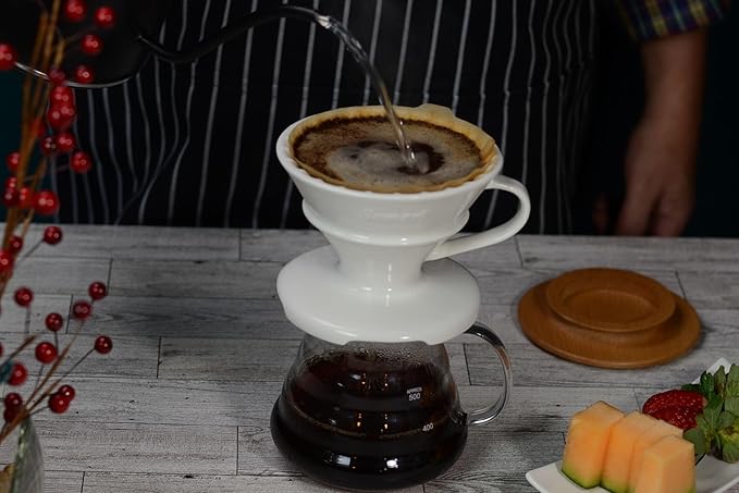 Pour Over Coffee Dripper Set V Shape #2 Ceramic Dripper + Dripping Tray (wood tray)
