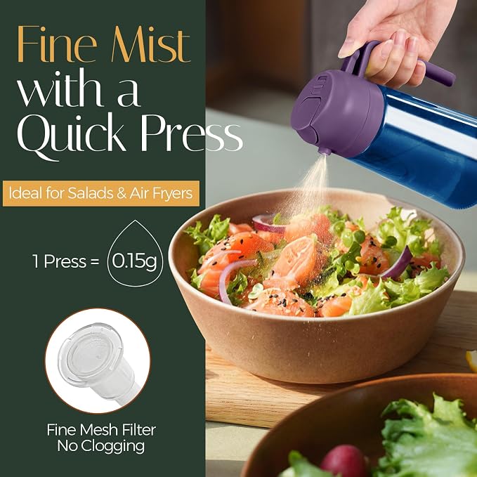 YARRAMATE 16oz/470ml Light-Blocking Dark Oil Sprayer for Cooking, 2 in 1 Olive Oil Dispenser Bottle for Kitchen, Premium Blue Glass Oil Bottle, Food-Grade Oil Mister for Air Fryer, BBQ (Purple)