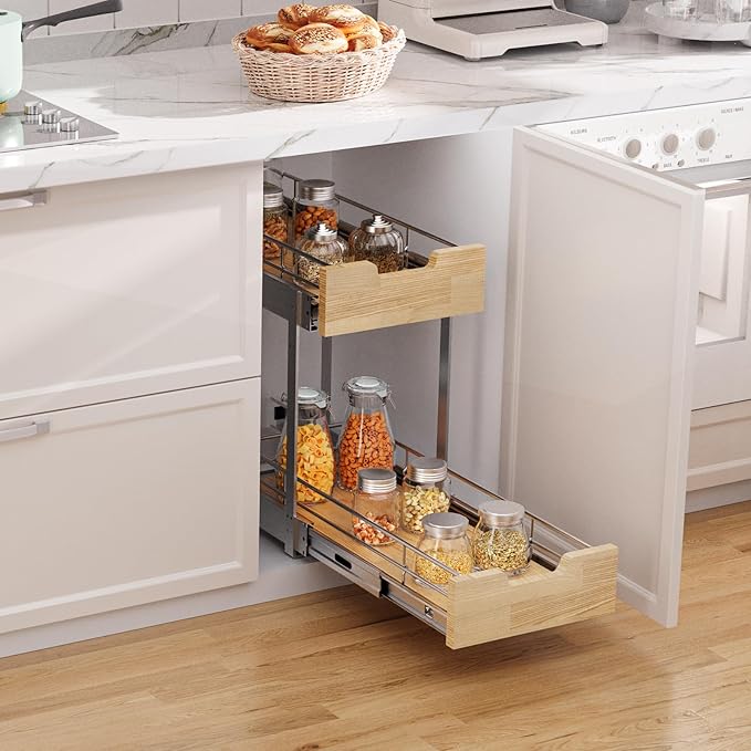 Sikarou Pull Out Cabinet Organizer,Heavy-Duty Slide Out Shelf, Wood and Wire Basket, Pull Out Drawer for for Kitchen Under Sink Space, Pantry, Bathroom, 2 Tie 9 * 21 in