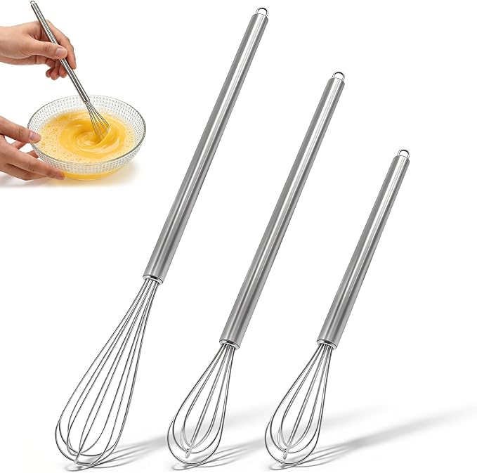 3 Pack Small Stainless Steel Whisk Set, Balloon Wire Whisks for Cooking, 7" 9" 11" Kitchen Whisks for Eggs, Sauces, Batter, Mixing and Baking