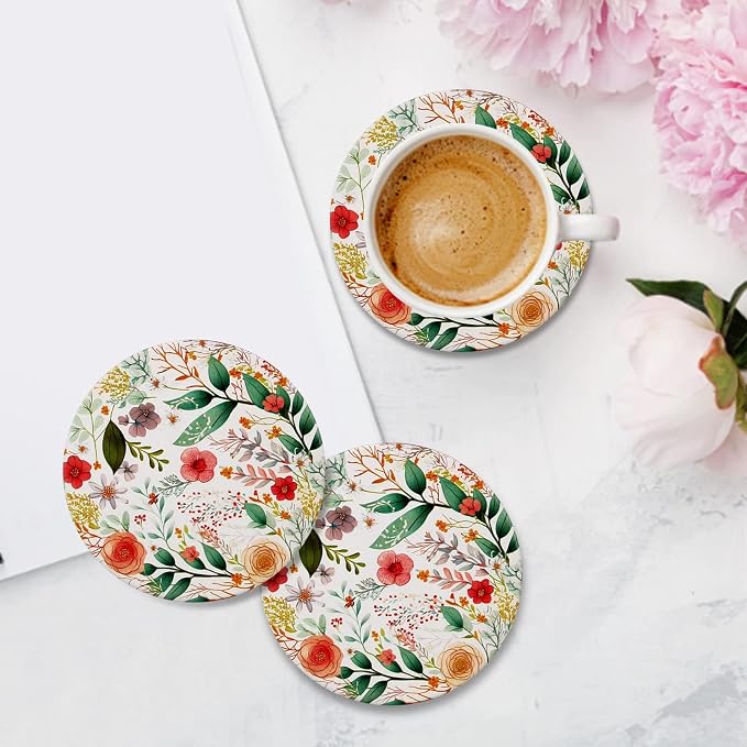 6 Pack Cute Flower Drink Coasters with Holder Funny Ceramic Absorbent Coaster Set of 6 Decorative Coffee Table Decor Gift Unique Desk Vintage Outdoor Coster Modern Cool Floral Tea Cup Boho Coasters