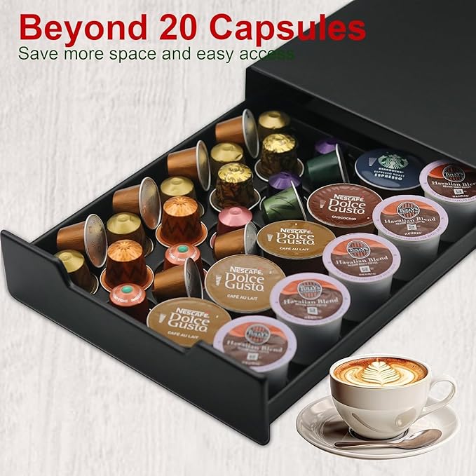 K Cup Coffee Pod Holder Drawer, 20 Capacity Organizer, Storage for Nespresso Originaline and Dolce Gusto, Black