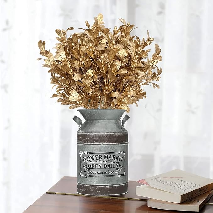 Artificial Flowers Christmas Decor, Golden Leaves Branches Plants Fake Berry Grass for Wedding Bridal Bouquet Party Indoor DIY Home Office Table Centerpieces Arrangements Decoration - Gold 4 Pack
