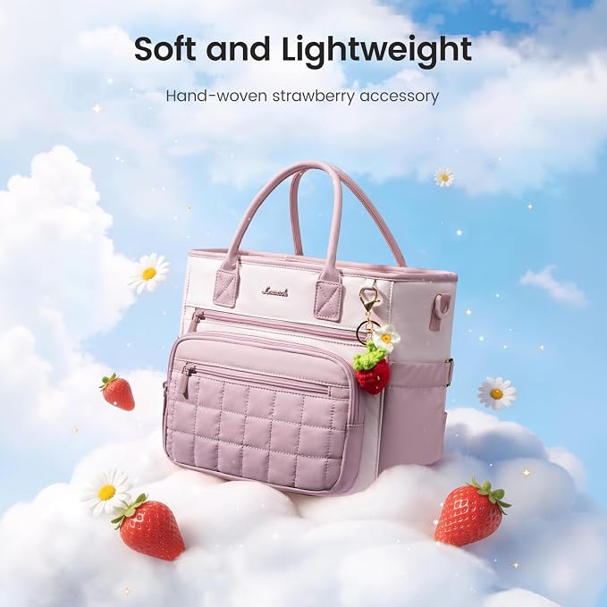 LOVEVOOK Insulated Lunch Bag Women,Puffer Adult Lunch Box for Women with Handmade Strawberry Charm,Wide Opening Leakproof Cooler Bag with Cup Holder for Work Picnic Beach Family College Mom Teacher