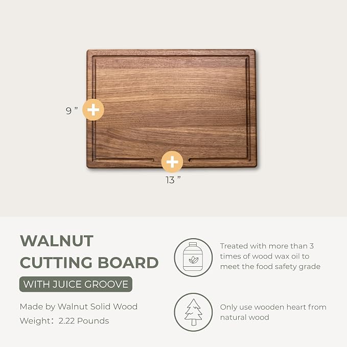 muso wood Walnut Wood Cutting Board Wooden Kitchen Chopping Board with U-Shaped Juice Groove & Handle, Heavy Duty Cutting Board for Vegetables, Meat, Fruits (13 x 9 inch)