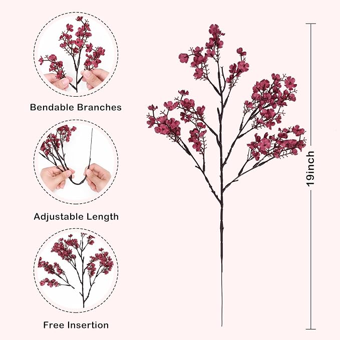Waipfaru 15Pcs Fake Flowers Babys Breath Silk Artificial Flowers Gypsophila Bouquets Bulk Real Touch Fall Stems for Fall Thanksgiving Autumn DIY Floral Arrangement Table Centerpieces, Wine Red