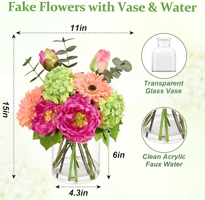 Livole Artificial Fake Flowers with Vase Silk Faux Flowers Arrangements in Glass Vase with Faux Water Centerpiece Table Decorations for Dining Room Home Office Shelf Wedding Decor（Fuchsia Pink）