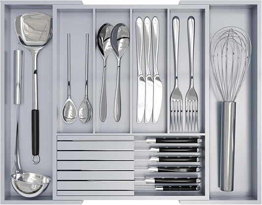 Bamboo Kitchen Silverware Drawer Organizer - Expandable Wood Utensil Holder with Dividers, Luxury Cutlery Storage Tray for Kitchen Utensil and Flatware (5-7 Slots with Removable Knife Block, Grey)