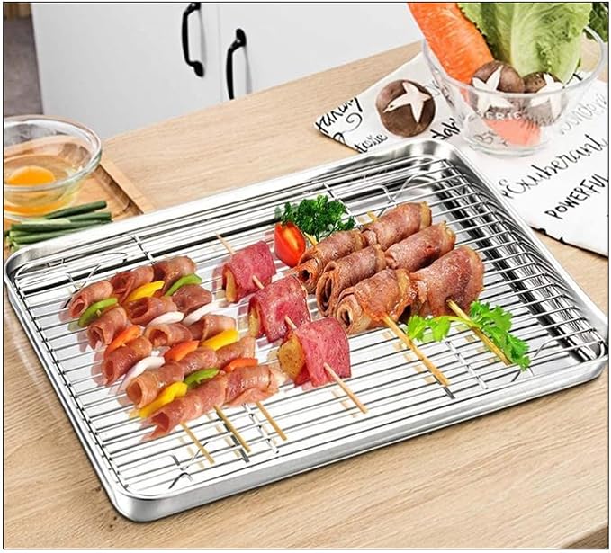 304 Stainless Steel Cooling Rack, Flat Baking Rack for Bread, Roasting, Grilling & More – Dishwasher Safe (Grid Pattern,25×19 cm (9.8×7.5"))