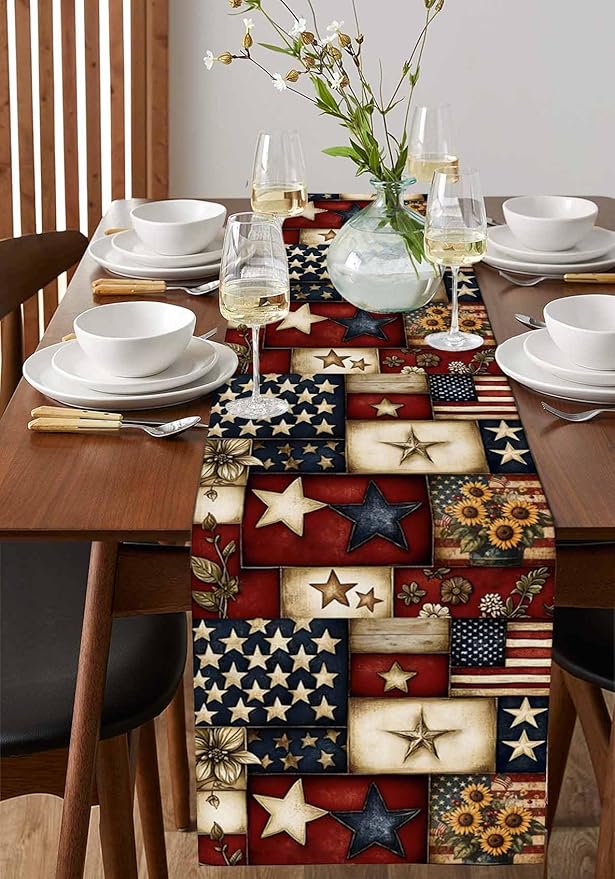 Red Blue American Flag Table Runner 90 Inch Long Dresser Scarves 4th of July Cotton Linen Tablerunners Patriotic Farmhouse Star Dining Kitchen Burlap Table Setting Decor for Party Holiday, 13"x90"