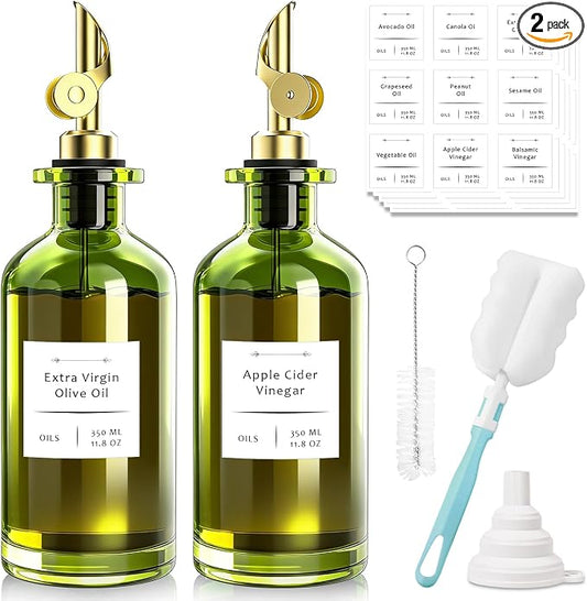 COOLMI Olive Oil Dispenser Set of 2, Dark Green Glass Bottles, 12 oz | Gold Auto-Flip Spouts, Funnel, 2 Cleaning Brushes, and 45 Labels for Olive Oil, Vinegar, and Avocado Oil