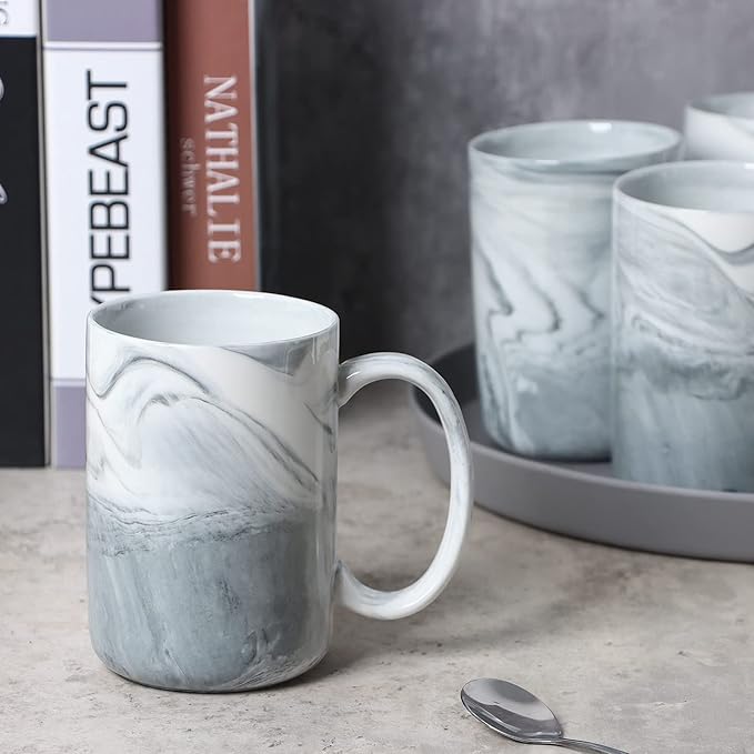 14 OZ Marble Coffee Mugs, M068 Novelty Marble Ceramic Cup for Home and Office, Microwave Dishwasher Safe, Set of 4, Gray
