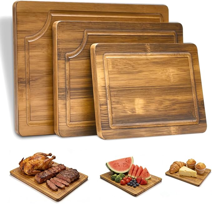 3 Pack Bamboo Cutting Boards Set for Kitchen, Chopping Boards with Deep Juice Groove, Thick Wooden Cutting Board for Meat, Vegetables & BBQ Prep