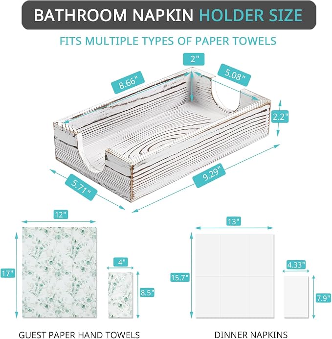Napkin Holder for Bathroom, White Washed Wood Guest Towel Holder Tray for Bathroom, Disposable Paper Hand Towel Holder for Bathroom Accessories, Dinner Napkin Holder for Kitchen Table Party