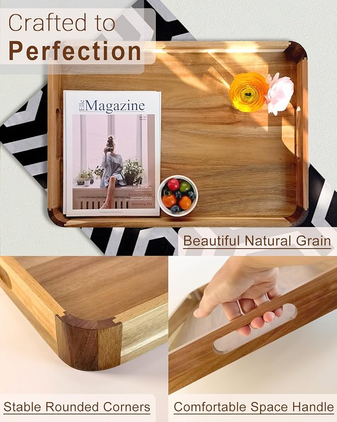 22 inches Acacia Wood Ottoman Serving Tray with Handles & Rounded Corners | Large Rectangular Decorative Wooden Tray for Living Room Kitchen Coffee Table Couch Bed