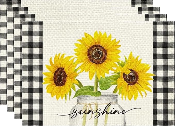 Niviy Sunflower Placemats Set of 4, 12x18 Inch Sunshine Vase Summer Spring Table Mats for Holiday Party Kitchen Dining Room Decoration