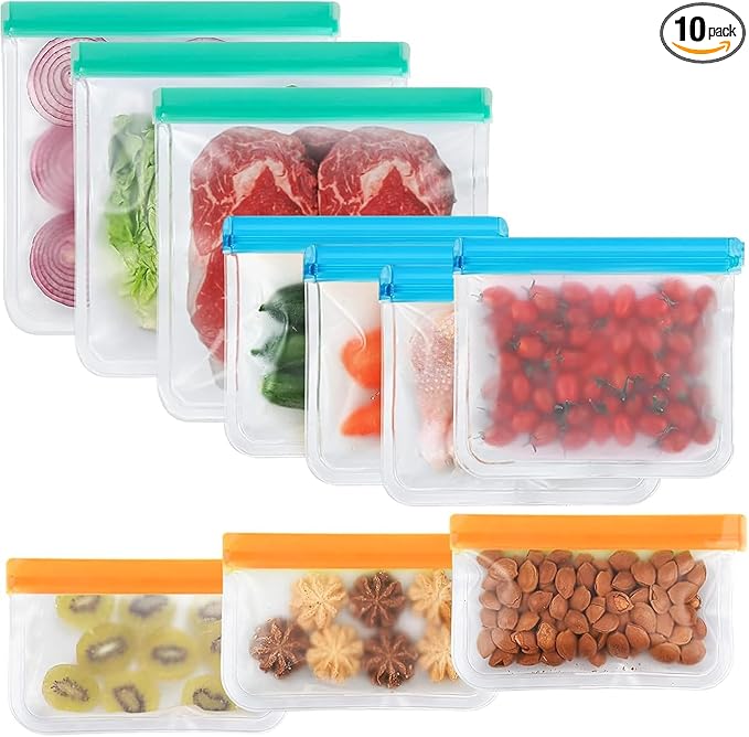 10Pack Reusable Freezer Bags, Leakproof Silicone Food Storage Bags, Dishwasher Safe Bpa Free Reusable Bags For Lunch Marinate & Travel - 3 Gallon, 4 Sandwich, 3 Snack Sizes