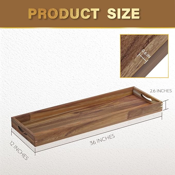 MAONAME Extra Large Acacia Wood Serving Board with Handles, 36 x 12 inches Wooden Ottoman Tray, Rectangular Charcuterie Platter for Meat, Cheese Board, Extra Long 3ft