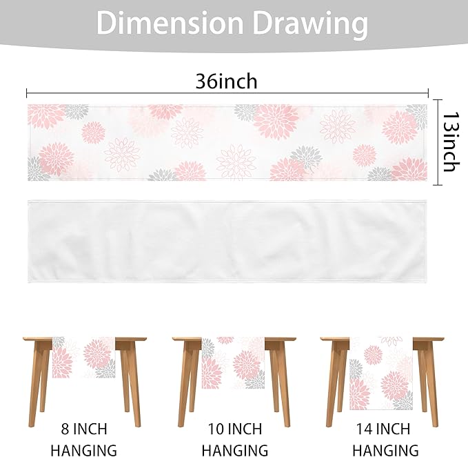Dahlia Flower Table Runner 13x71 Inch Farmhouse Pink Gray Runners Modern Table Decorations Rustic Geometric Coffee Table Runner for Home Kitchen Dining Room Party (13"x71", Dahlia Floral-Pink)