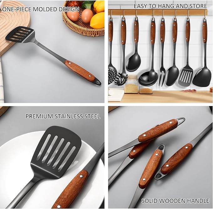 304 Stainless Steel Cooking Utensils Set,9PCS Metal Kitchen Utensils Set with Wooden Handle,Solid Spoon,Spatula,Ladle,Skimmer,Spaghetti Spoon,Dishwasher Safe(Black)