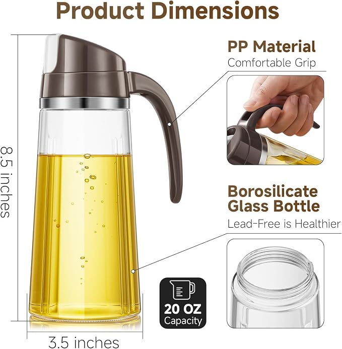 Marbrasse Auto Flip Olive Oil Dispenser Bottle,20 OZ Leakproof Condiment Container With Automatic Cap and Stopper,Non-Drip Spout,Non-Slip Handle for Kitchen Cooking Brown