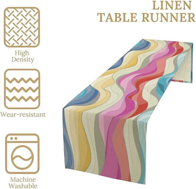 Retro Wavy Table Runner Abstract Colorful Rainbow Waves Swirl Cute Boho Groovy Aesthetic Dinner Runner for Farmhouse Country Home Kitchen Dining Table Holiday Party Decor 13x36in