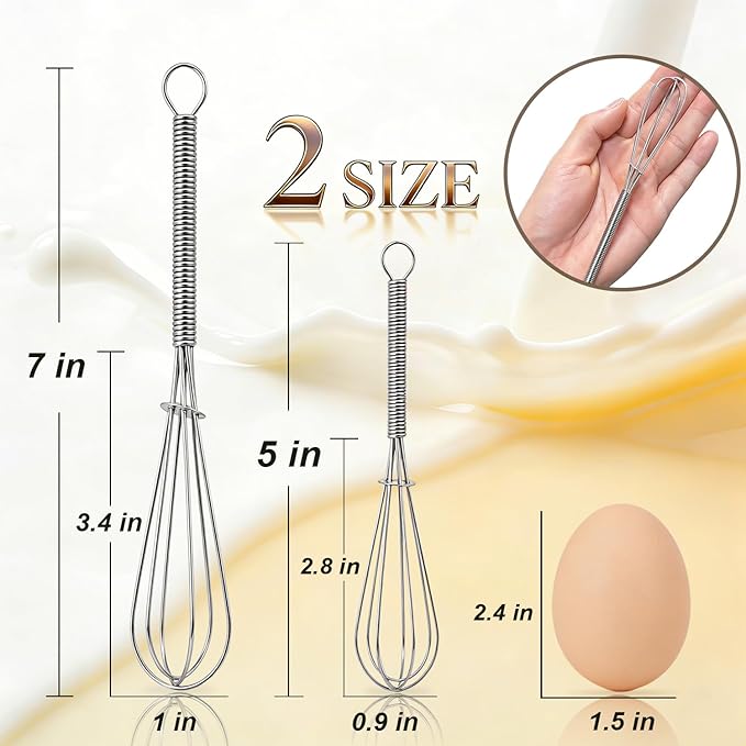 Anaeat Mini Wire Whisks, Set of 2 Portable Stainless Steel Kitchen Tiny Whisk & Egg Beater with Thick Wire - Sturdy Small Mixing Balloon for Cooking, Blending, Whiping, Beating and Stirring (5" + 7")