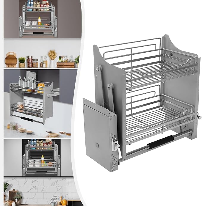 Cabinet Pull-Down Shelf, Pull-Down Dish Rack, 2-Tier Pull down Shelf Organizer for Kitchens Bars Cafes & Storage Rooms