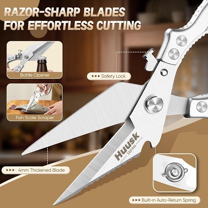 Huusk Heavy Duty Kitchen Shears Set – All Purpose Japanese Kitchen Scissors for Chicken, Meat, Fish, Vegetables & Pizza, Poultry Shears with Ergonomic Non-Slip Silver Handle, Gifts for Women Men