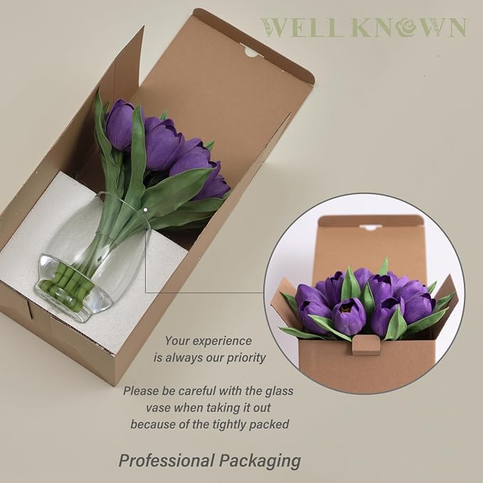 WELL KNOWN 12 Pcs Fake Tulips Artificial Flowers in Vase with Faux Water, Real Touch Purple Foam Tulips Arrangement with Vase for Home Office Wedding Party Decor Dining Table Centerpiece & Mom's Gift