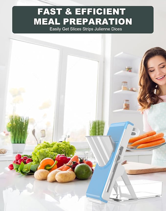 Eletronova Safe Mandoline Slicer for Kitchen, Vegetable Slicer with Container, French Fry Cutter, All in 1 Julienne Slicer for Potato, Thickness Adjustable, Detachable Blade (Light gray-blue)