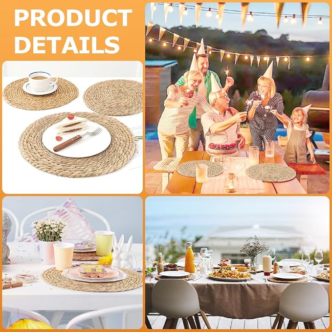 6Pcs Round Woven Placemats - 12 Inch Rattan Non-Slip Wicker Farmhouse Weave Place Mats - Natural Hand Woven Chargers for Dining Table, Home, Wedding