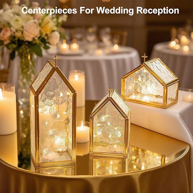 Glass Candle Holder Set of 3, Gold Metal & Textured Glass House-Shaped Candle Holders for Elegant Home Decor, Wedding Table Decor, Mantel & Living Room Accents
