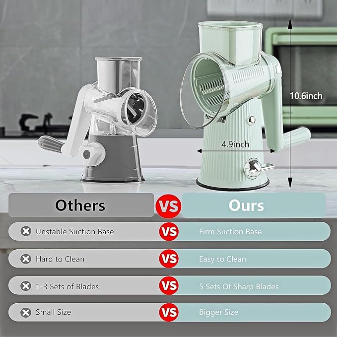 Rotary Cheese Grater with Handle: 5 in 1 Cheese Grater Hand Crank Cheese Shredder with Strong Suction Base Kitchen Vegetable Slicer with 5 Interchangeable Blades, Storage Box, Green