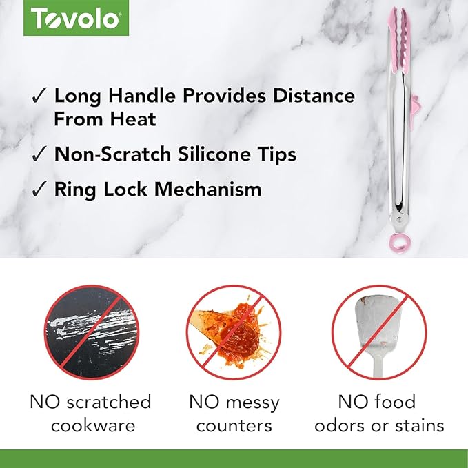 Tovolo Tongs With Silicone Tips Easy Grip 13" Long Kitchen Tongs Stainless Steel Handle For Cooking, Non Scratch Heat Resistant Locking Tongs Silicone Tipped Dishwasher Safe BPA Free, Pink Sorbet