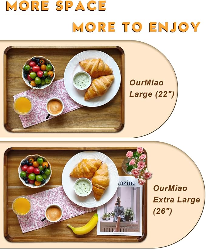 26" x 17" Acacia Wood Serving Tray with Handles & Rounded Corners | Huge Rectangular Wooden Ottoman Tray for Living Room, Kitchen, Coffee Table, Food Serving