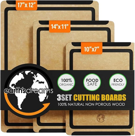 Earth's Dreams Composite Wood Cutting Board Set of 3 – Built In Juice Groove, Dishwasher Safe,Cutting Boards for Kitchen – Large, Medium & Small Non-Slip Wood Charcuterie & Chopping Boards (Tan/Black)